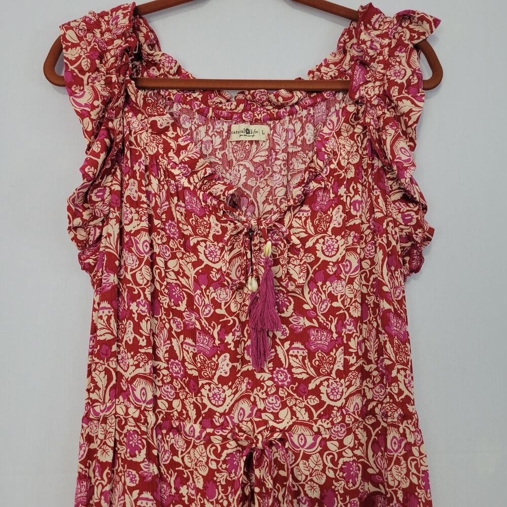 Natural Life Floral Sleeveless Ruffle Neckline Tiered Maxi Dress size L Boho - Picture 2 of 7